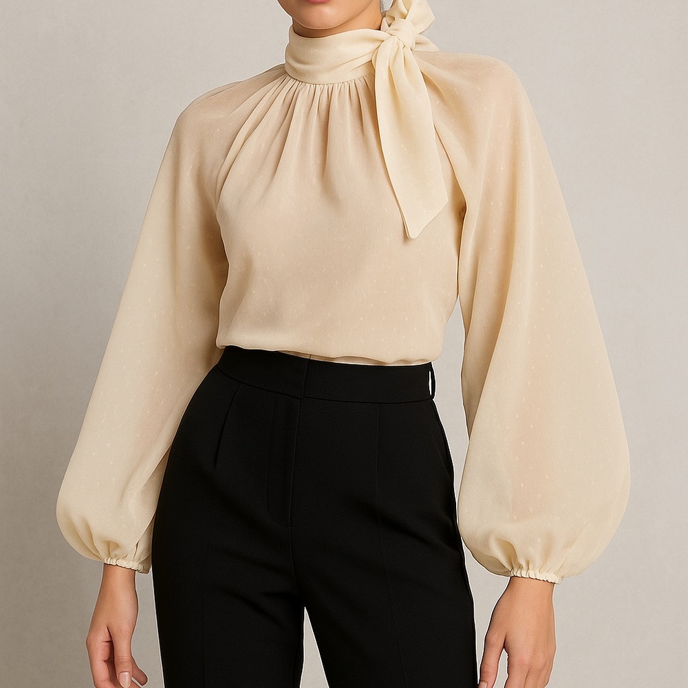 nasty gal glass fabric high neck tie back blouse cream French romance Sep sale